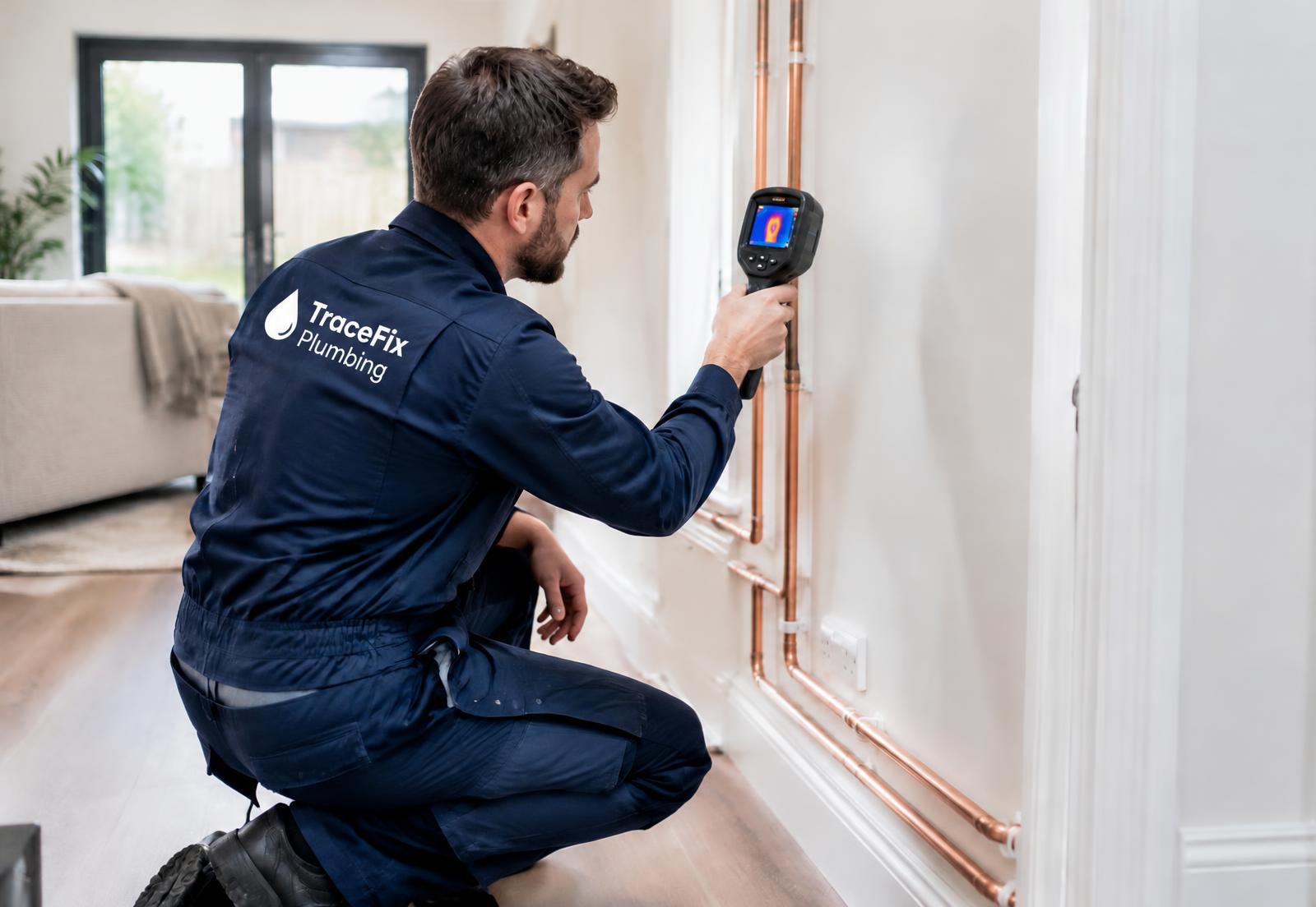 TraceFix engineer using a thermal imaging camera on a wall